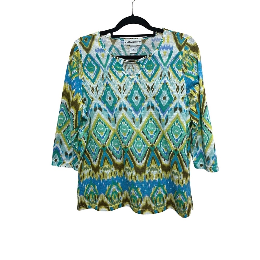 Cathy Daniels Womens Linen Top L Geometric Boho Coastal Grandma Core Textured